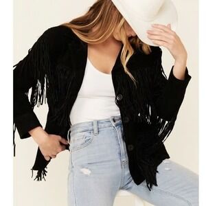 Denim & Co Black Suede Leather Fringe Western Jacket XS Cowgirl Boho Festival